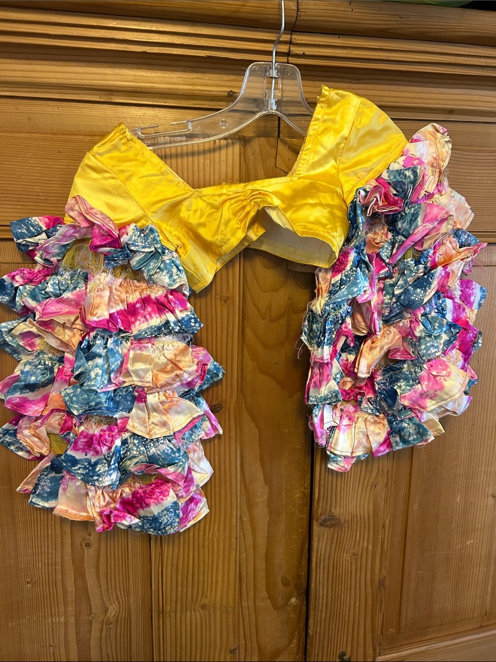 VTG 1960s Yellow Satin Multicolored Ruffle Sleeve Carmen Miranda Chiquita Banana